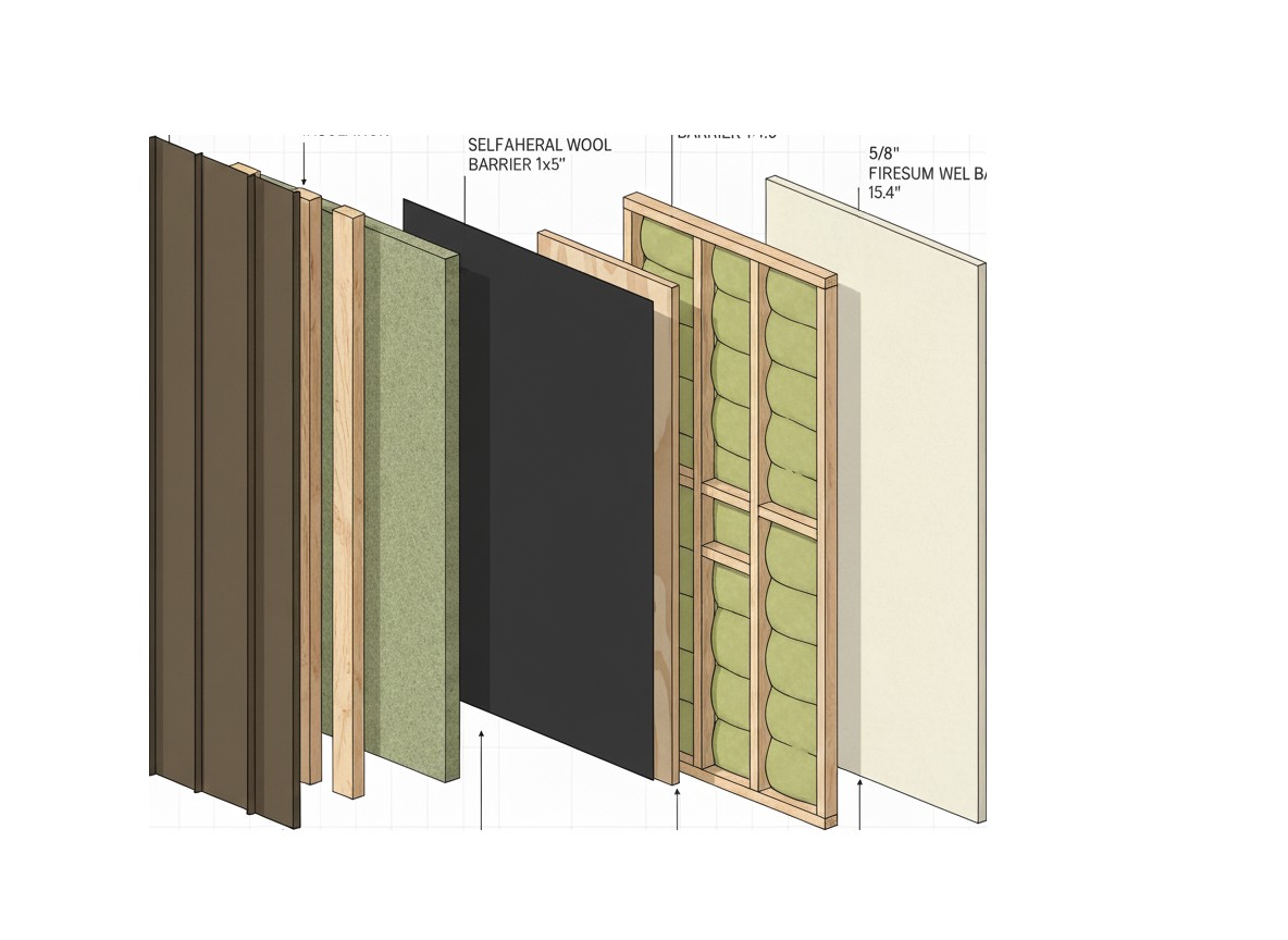 Cutaway wall section: structural framing, mineral wool cavity insulation, continuous exterior mineral wool board, vapor-permeable membrane, rainscreen furring and aluminum cladding